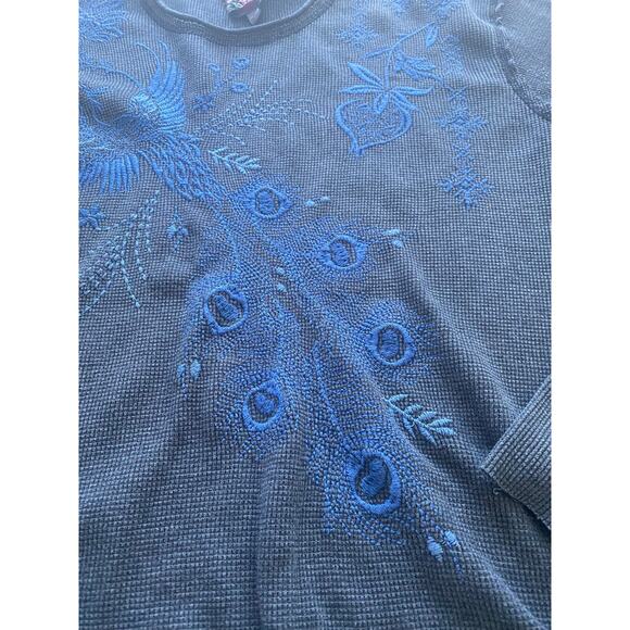 Johnny Was JWLA Blue Pullover Thermal Waffle Embroidered Top Blouse Tunic - Picture 7 of 8